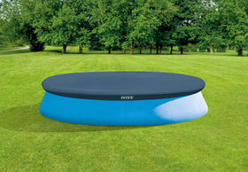 Intex 28022E pool cover showing drain holes to prevent water pooling