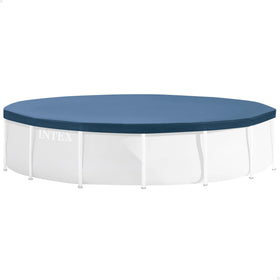 Intex 28030E top view pool cover securing a 10 ft round pool against debris.