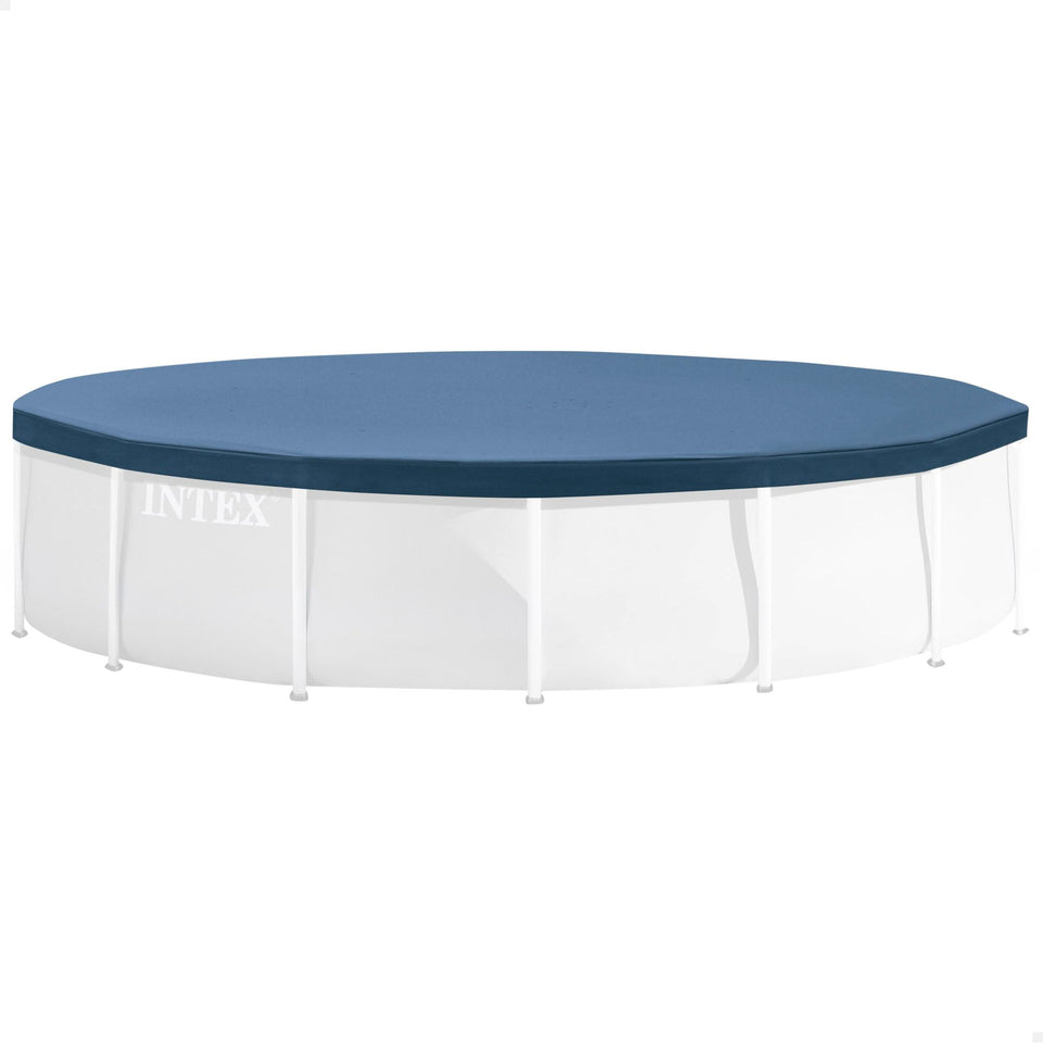 Intex 28030E top view pool cover securing a 10 ft round pool against debris.
