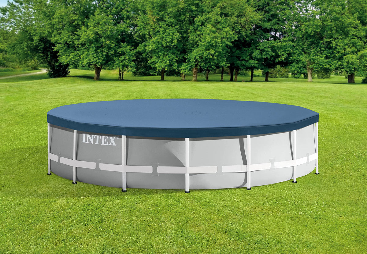 Intex 28032E pool cover showing rope tie for secure installation