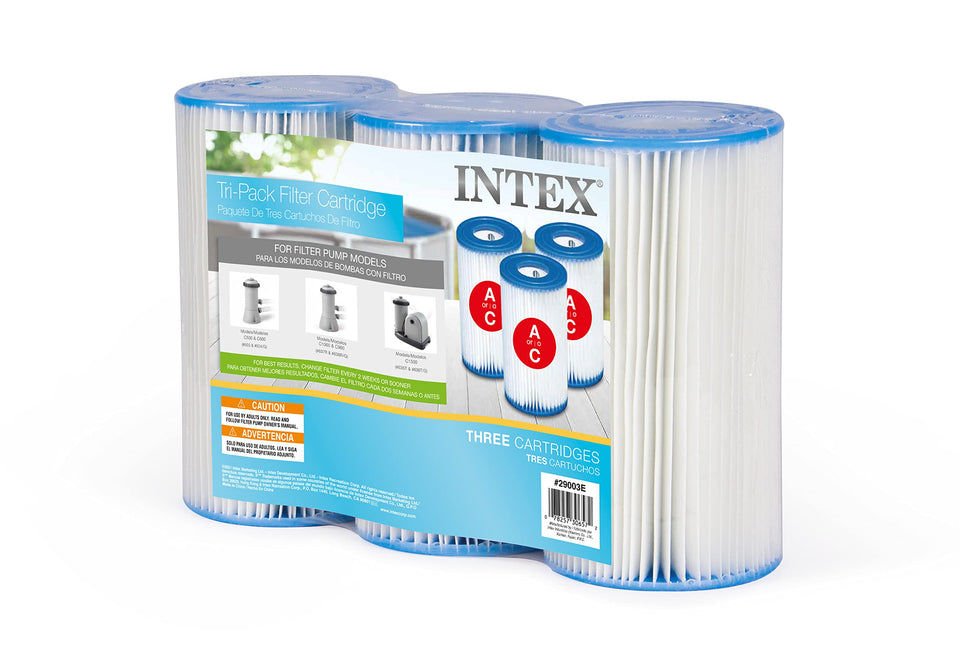 Intex 29003E three-pack filter cartridge close-up highlighting easy-to-clean Dacron design