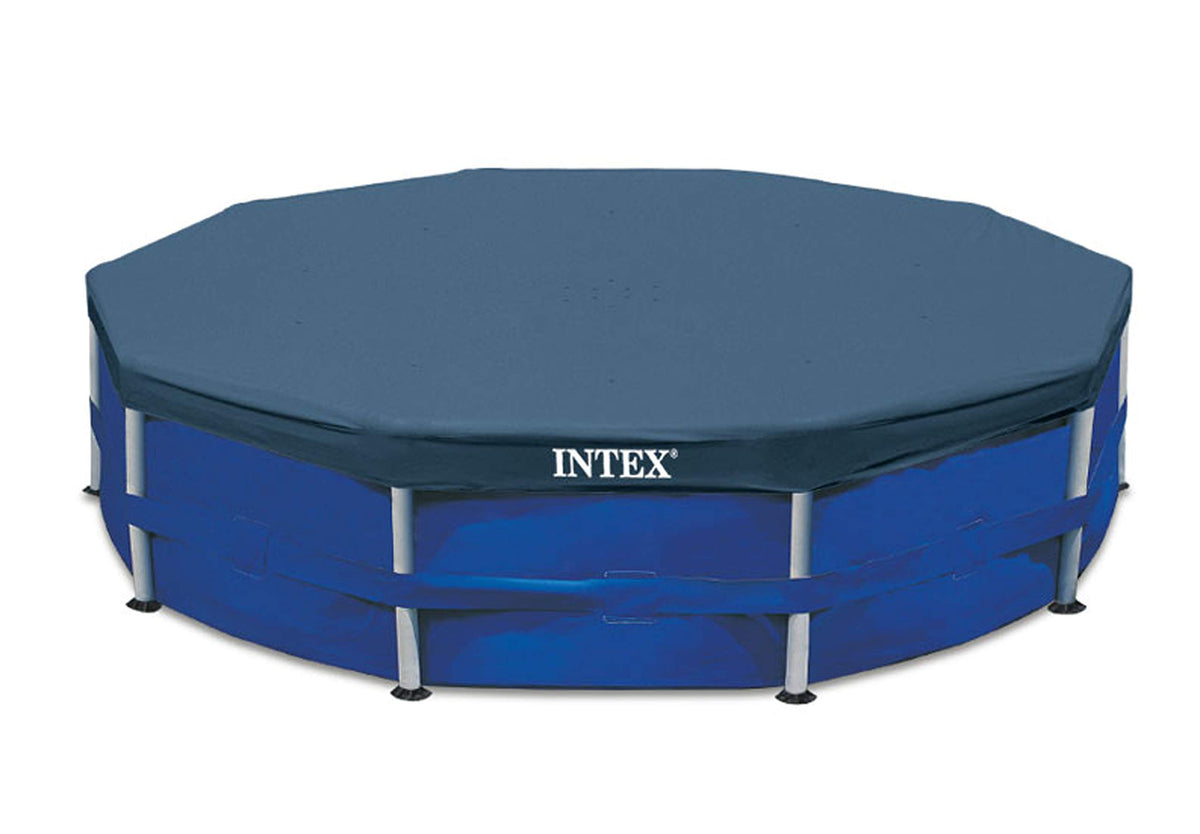 Intex BLOSSOMZ 12' round debris cover on a frame pool, protects and speeds cleanup.