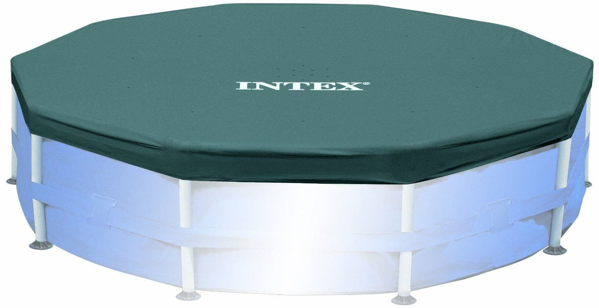 Intex debris cover with drain holes prevents water pooling.