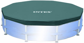 Intex debris cover with drain holes prevents water pooling.