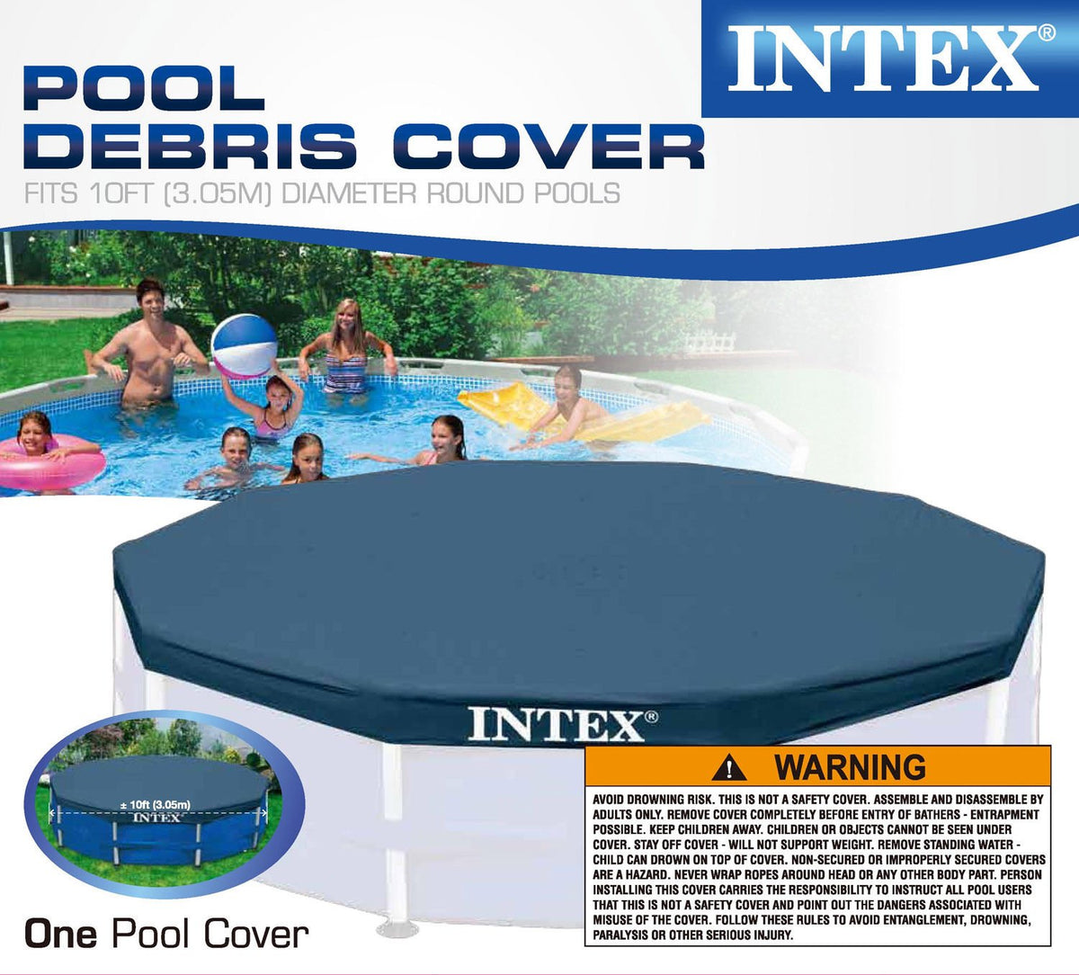 Intex debris cover shows 10-inch overhang for edge-to-edge protection.