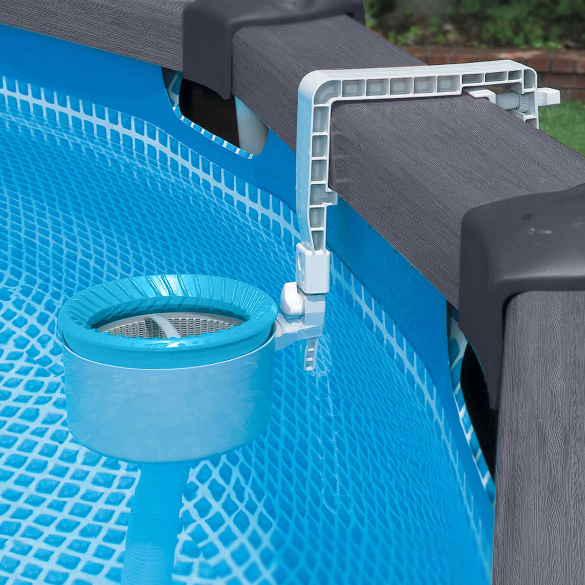 Intex skimmer dimensions indicate compact footprint on pool side.