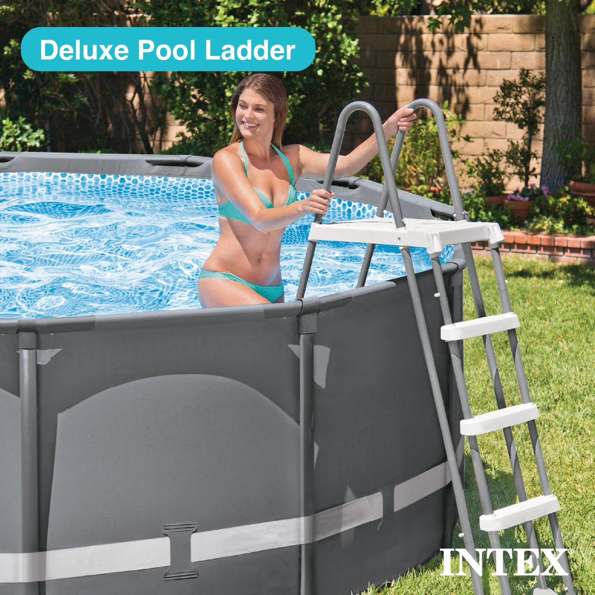 Intex deluxe ladder steel frame coated for durability and corrosion resistance.