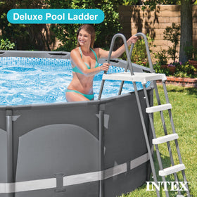 Intex deluxe ladder steel frame coated for durability and corrosion resistance.