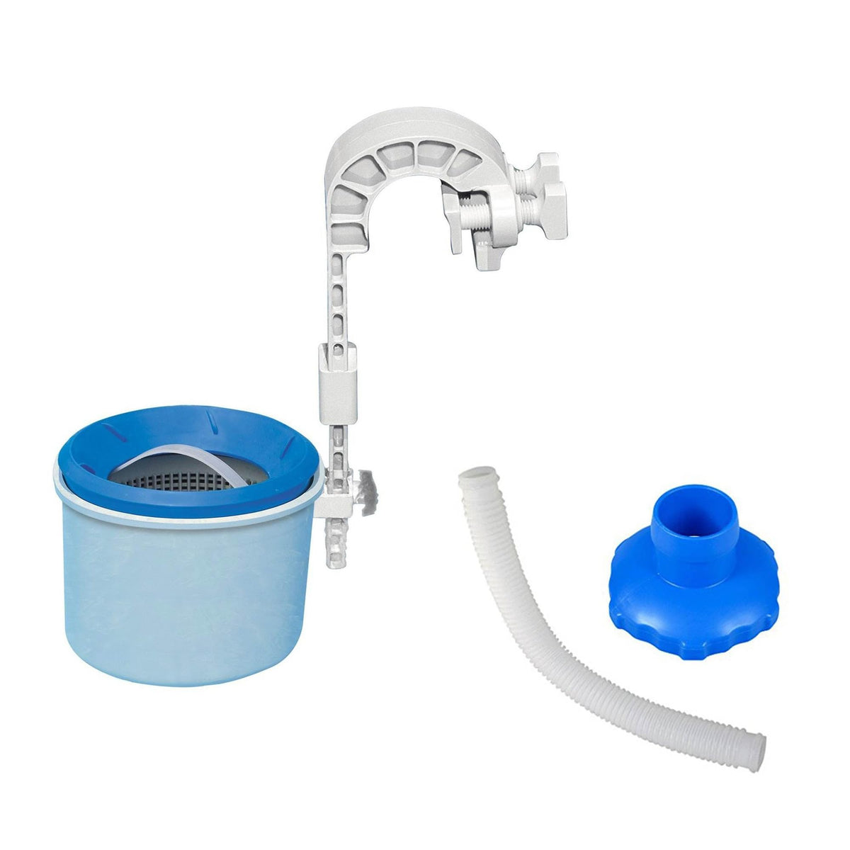 Intex deluxe wall mount skimmer catching surface debris for a cleaner pool.