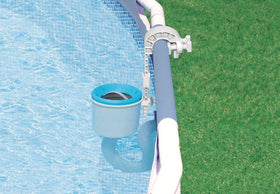 Intex Deluxe skimmer connects to filter pump for automatic debris removal.