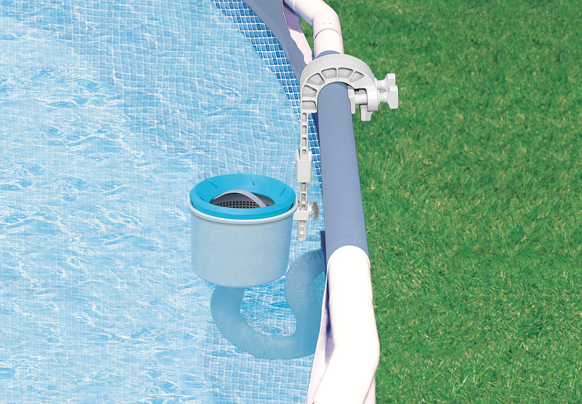 Intex Deluxe Skimmer connected to pool pump showing durable polypropylene construction.