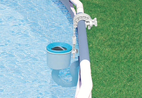 Intex Deluxe Skimmer connected to pool pump showing durable polypropylene construction.