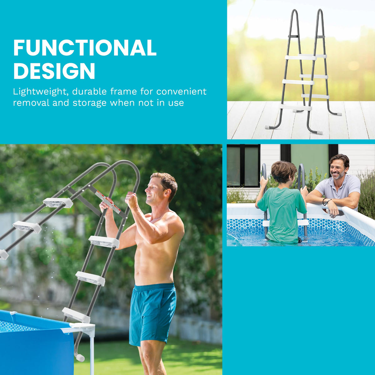 Intex ladder top metal brace enhances overall stability.