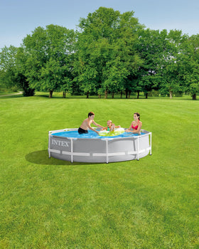 Intex Prism Frame 3-ply puncture-resistant material for durable summer fun.