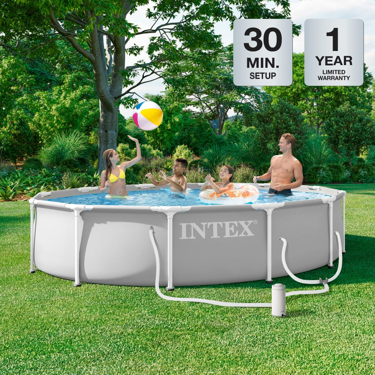 Intex Prism Frame pool blue mosaic liner enhances backyard ambiance.