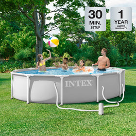 Intex Prism Frame pool blue mosaic liner enhances backyard ambiance.
