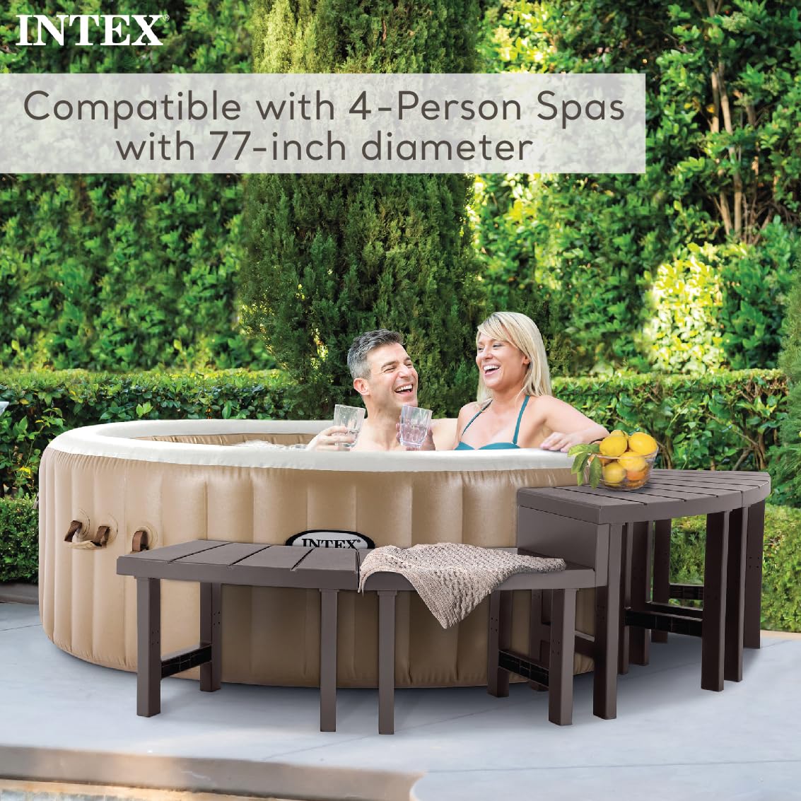 Intex PureSpa flat-storage bench display highlights easy stacking and space-saving design