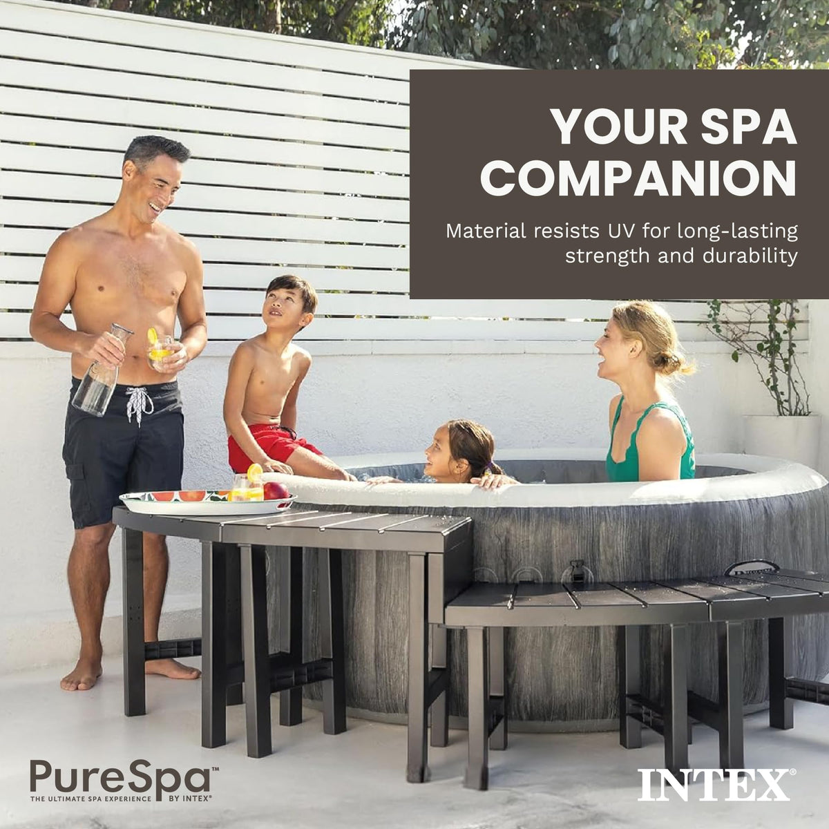 Intex PureSpa benches arranged around a four-person spa for social seating