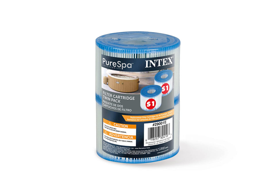Intex PureSpa filter 2-pack close-up highlighting filtration for clear water.