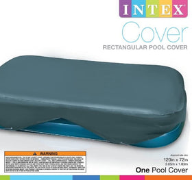 Intex rectangular pool cover with 20-inch overhang fits two sizes.
