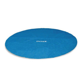INTEX 28013E solar pool cover on a 15ft round pool, keeps heat in and debris out.