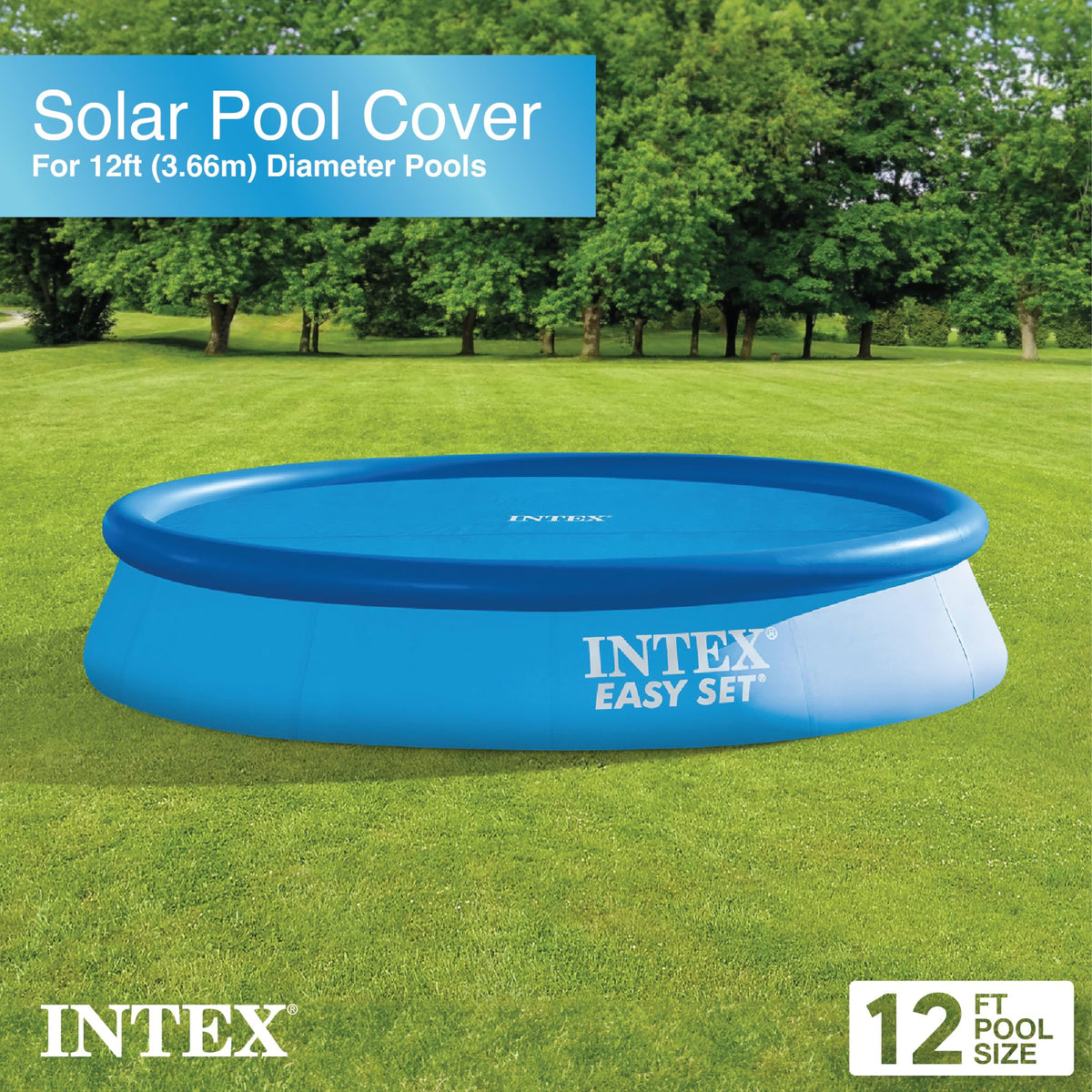 Intex solar pool cover provides debris protection for a 12-foot round pool