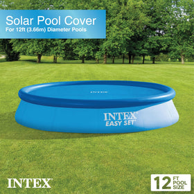 Intex solar pool cover provides debris protection for a 12-foot round pool