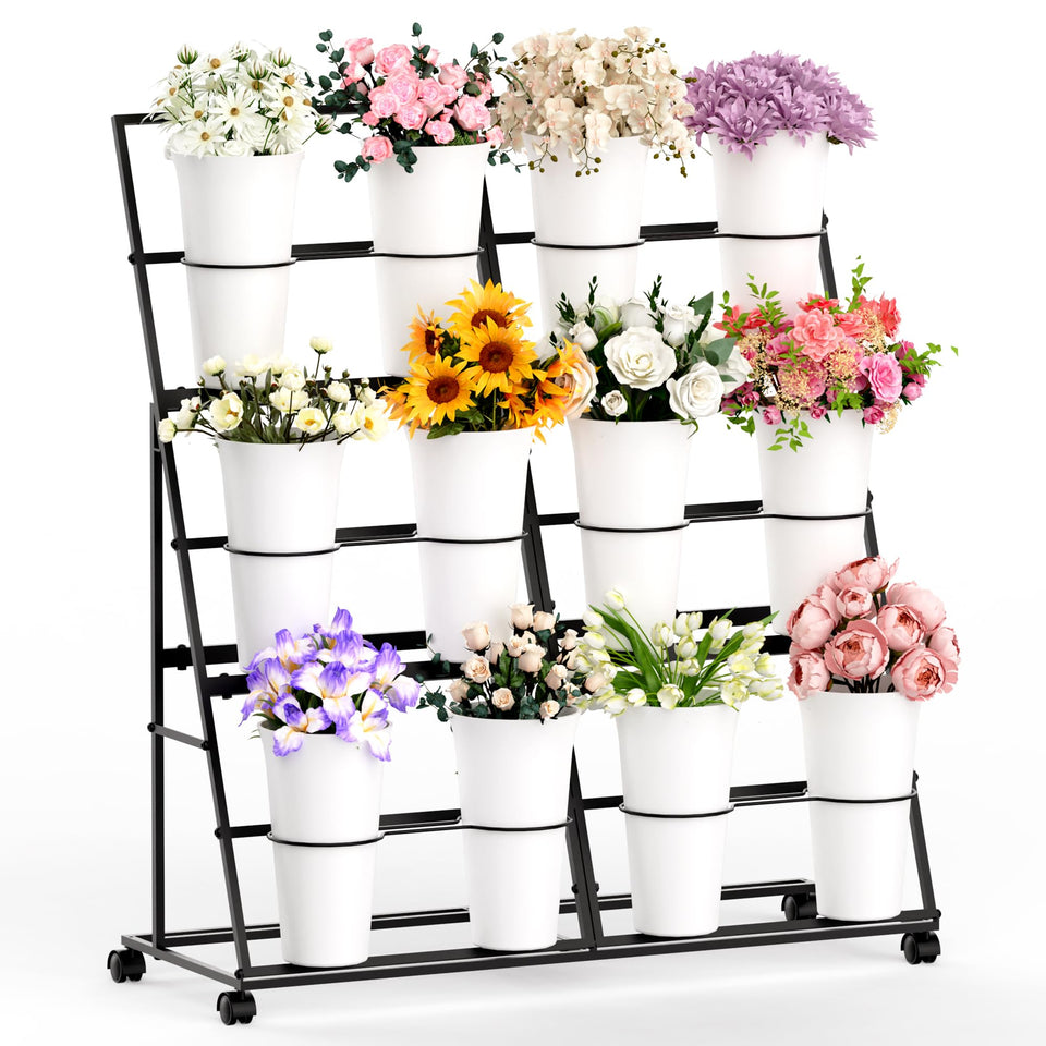 Invech flower display stand with 12 pots and wheels for flexible placement
