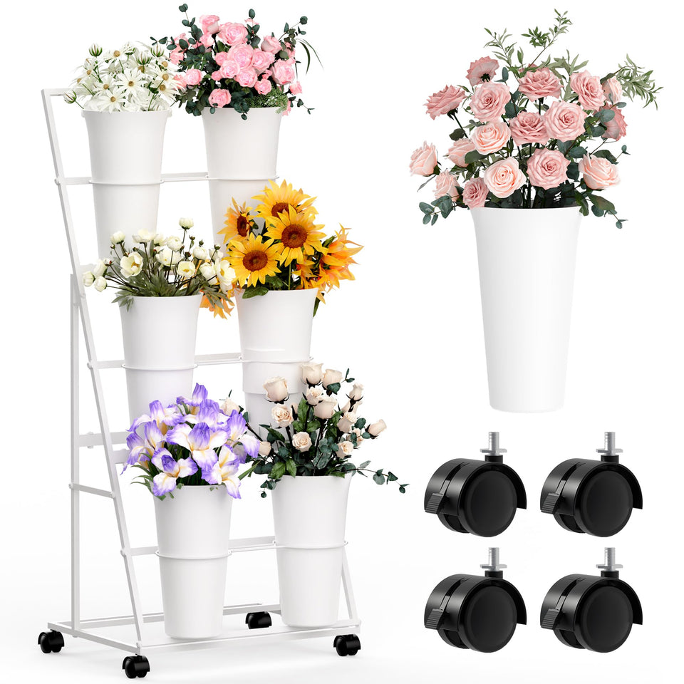 Invech flower stand with 6 buckets, front view showing balanced, accessible blooms