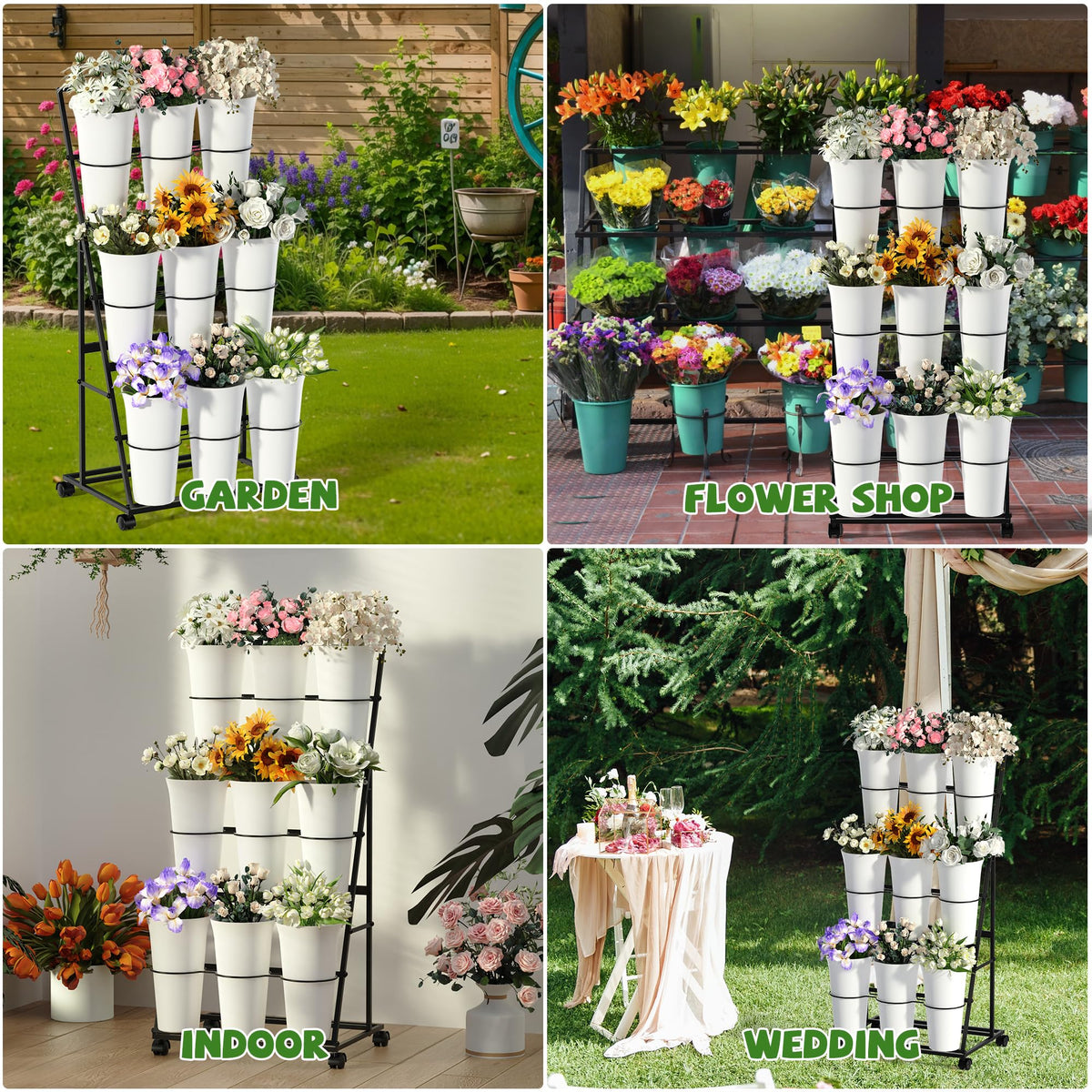 Garden or terrace display using the Invech stand for accessible blooms.