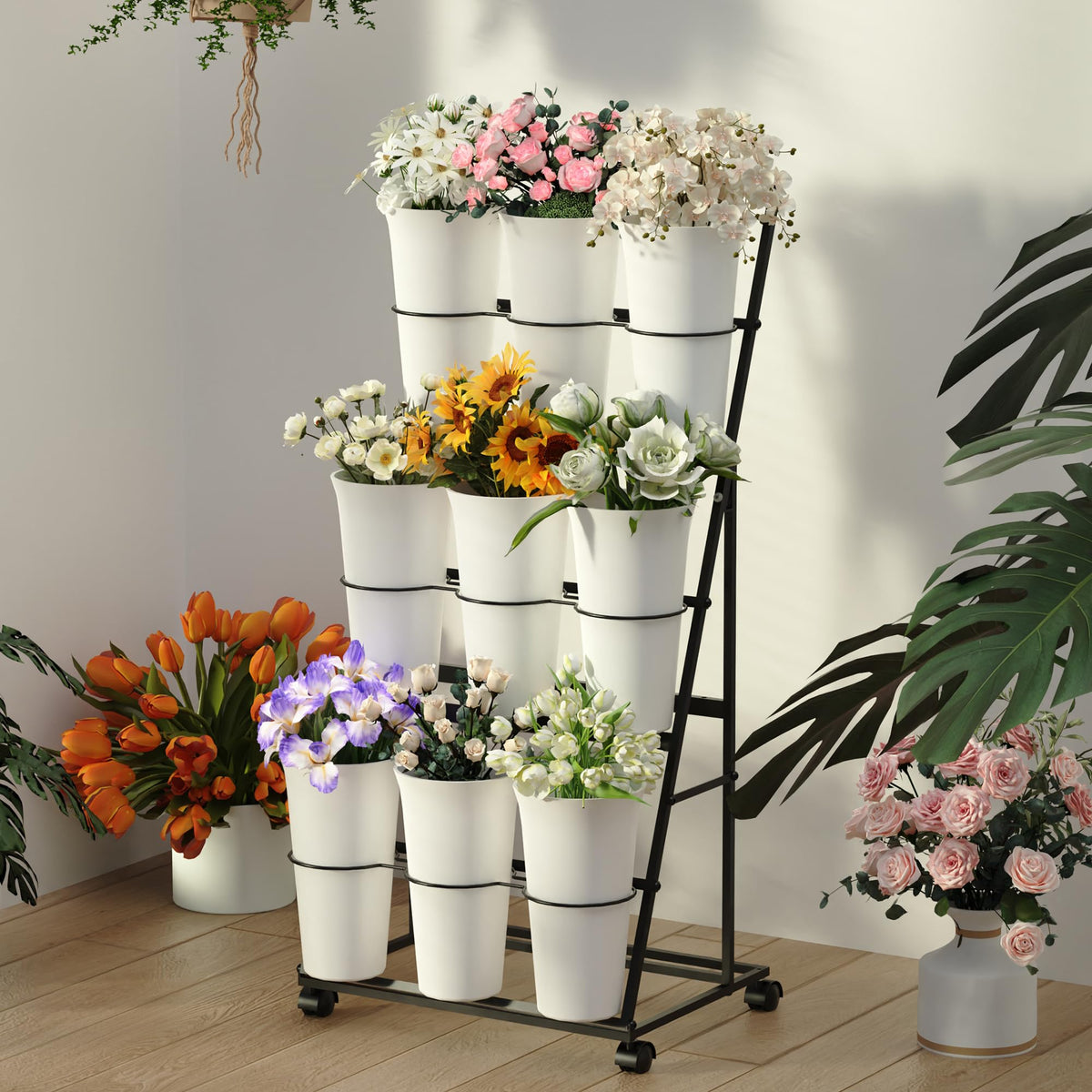 Removable buckets on the Invech stand enable flexible arrangements and portable use.