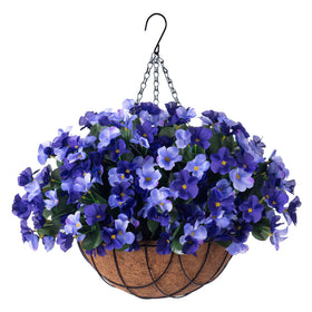 INXUGAO artificial hanging flowers in a double blue basket, UV resistant for outdoors.