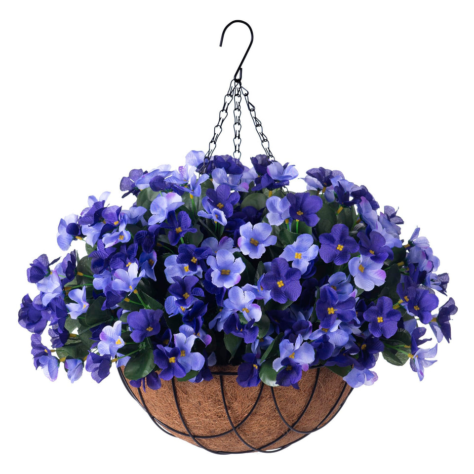 INXUGAO artificial hanging flowers in a double blue basket, UV resistant for outdoors.