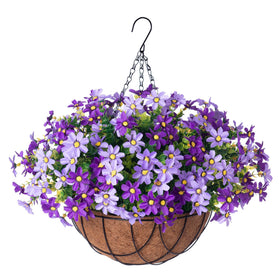 INXUGAO purple artificial daisy in hanging planter for year-round outdoor decor