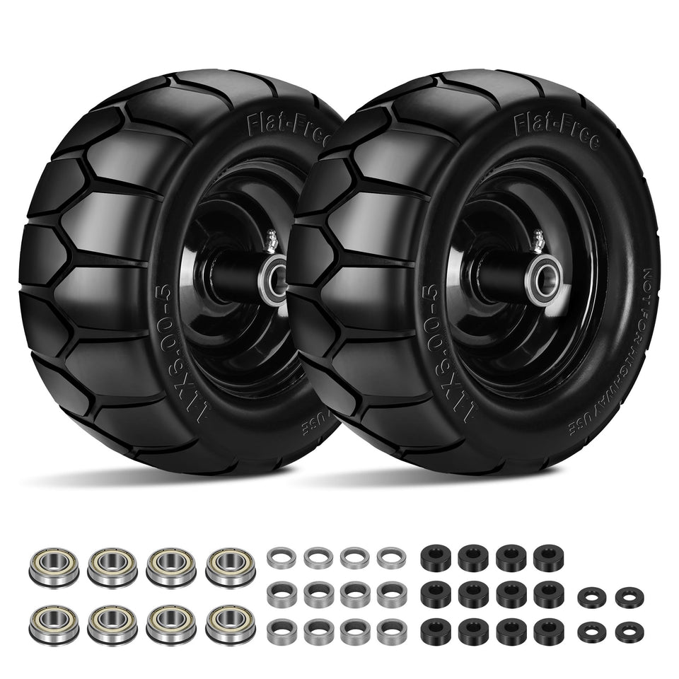 Iococee 11x6.00-5 flat free tire pack shown for lawn mower replacement.