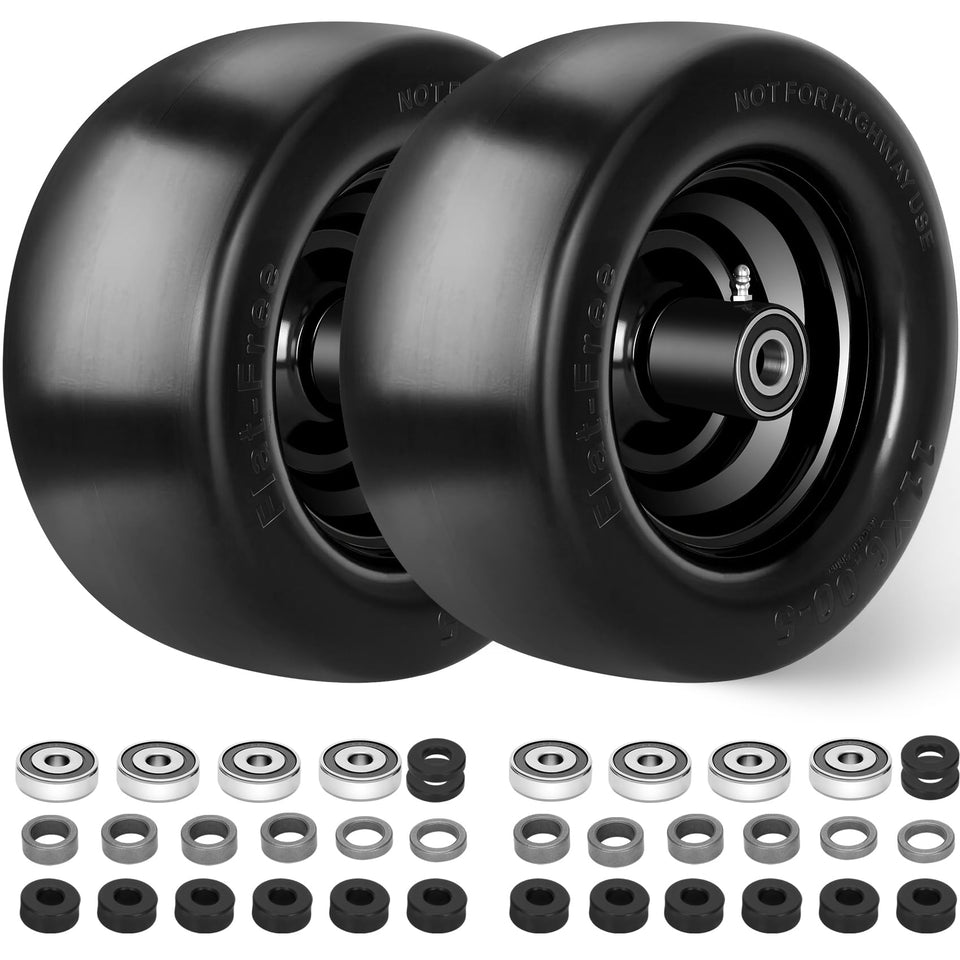 Iococee flat-free 11x6-5 tires on the front of a zero-turn mower for stable, maintenance-free mowing