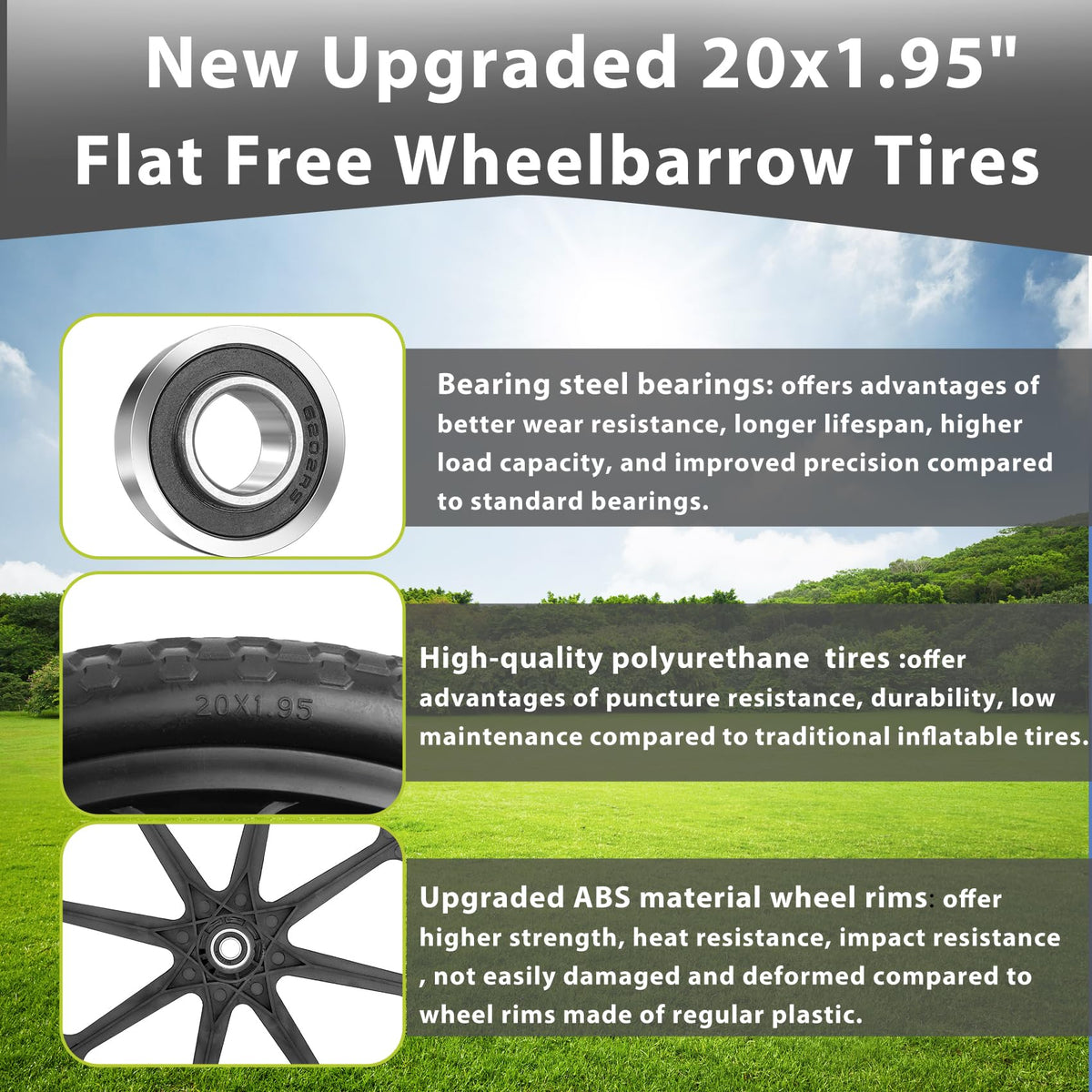 Iococee wheel offers smooth-rolling maneuverability across uneven garden or job-site terrain