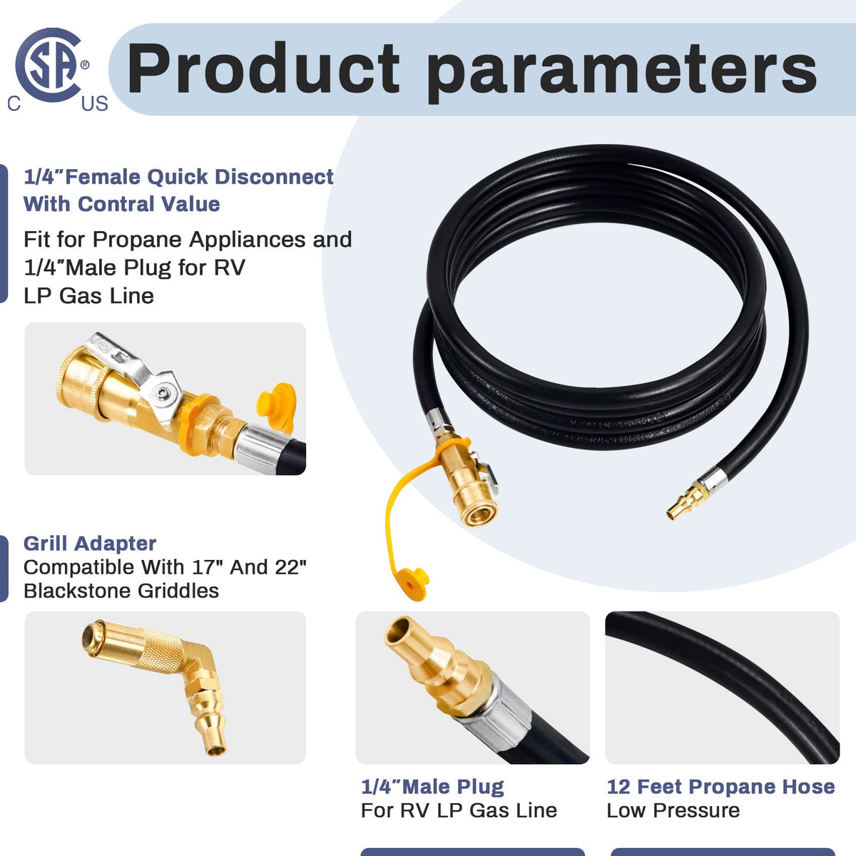 Iococee 12ft RV quick connect hose shown with Blackstone 17in grill
