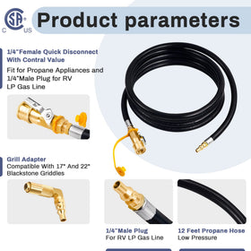 Iococee 12ft RV quick connect hose shown with Blackstone 17in grill
