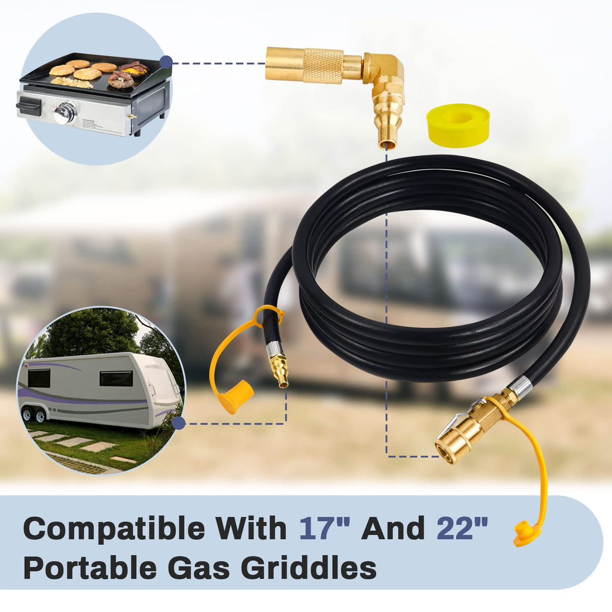 Iococee 12ft RV quick connect hose shown with Blackstone 22in grill