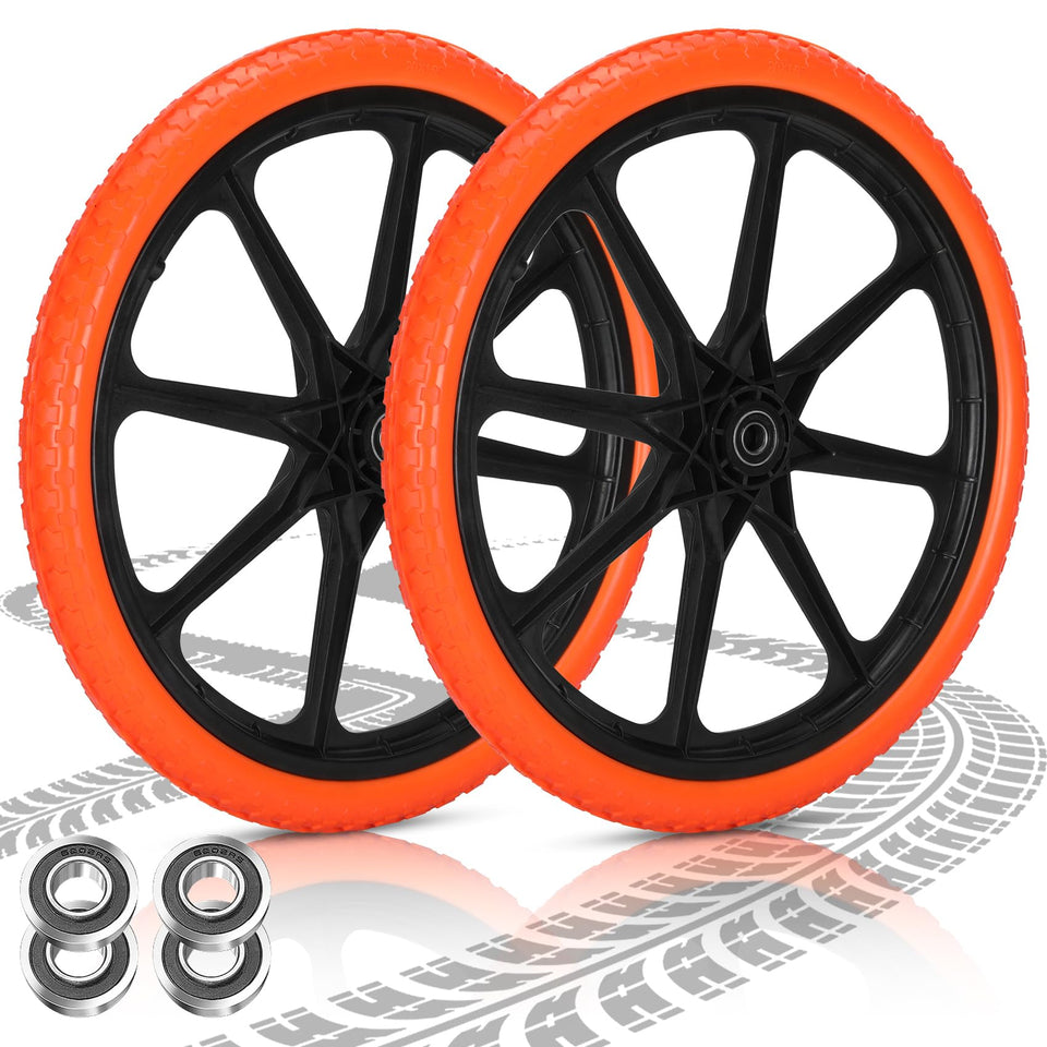 Iococee upgraded 20x1.95 orange flat-free tire on a wheel for durability and visibility.