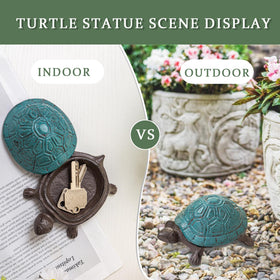 Garden decor and hidden key holder blending with flower beds and fences.