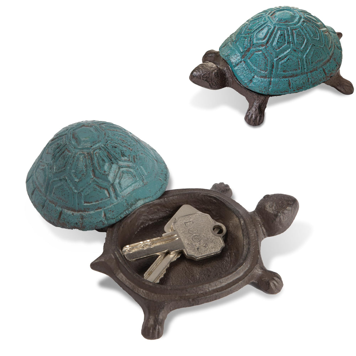 Ionela spare key hider outdoor cast-iron turtle statue in antique blue for garden security.
