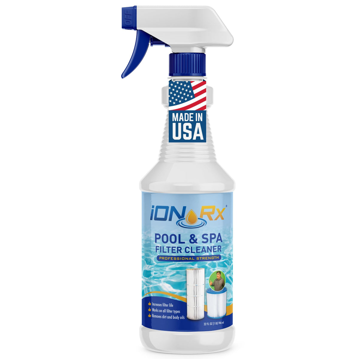 iONRx IonrX bottle pour shows easy application for pool filter cleaning