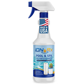 iONRx IonrX bottle pour shows easy application for pool filter cleaning