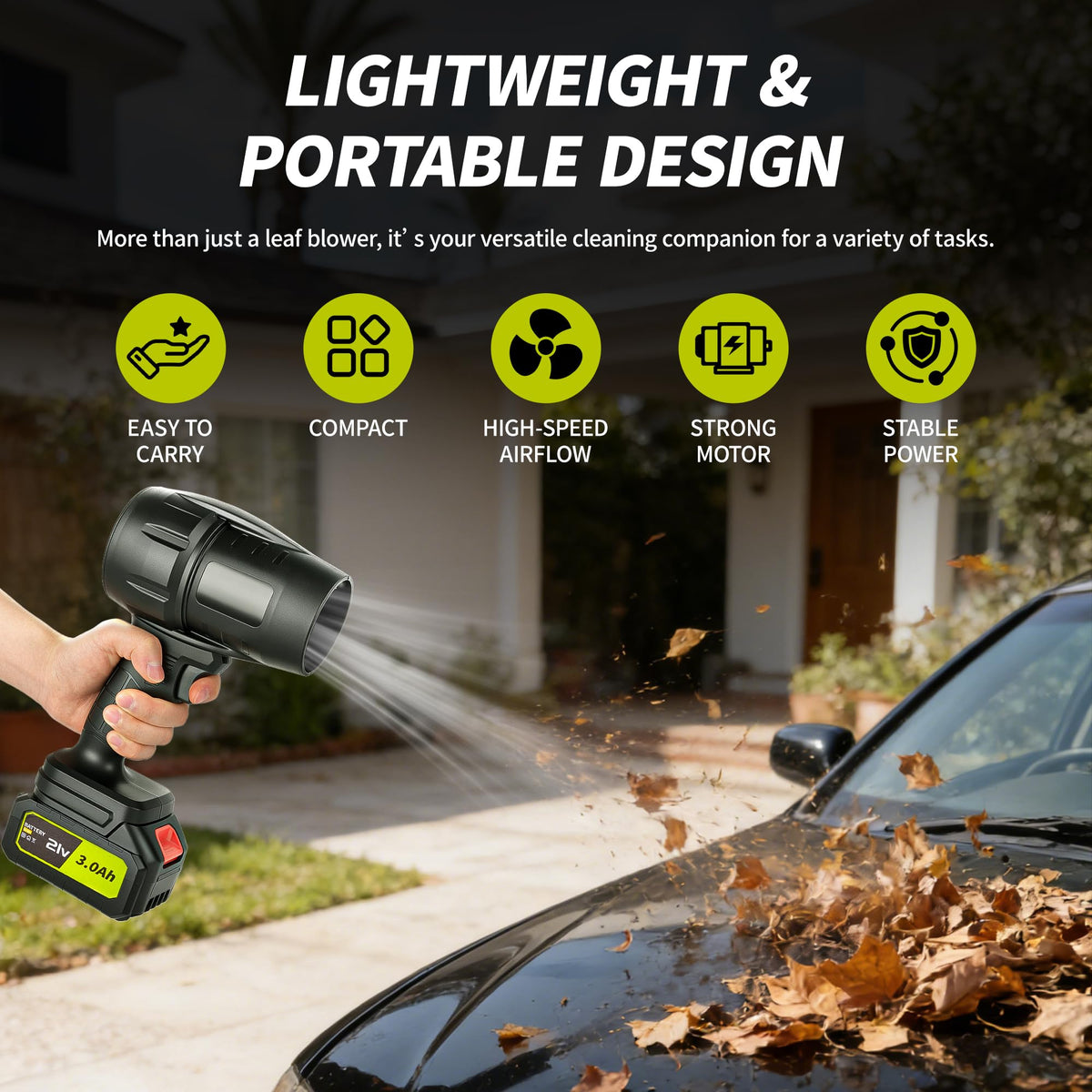 IOOKNA blower reaches tight corners around sidewalks and vehicles