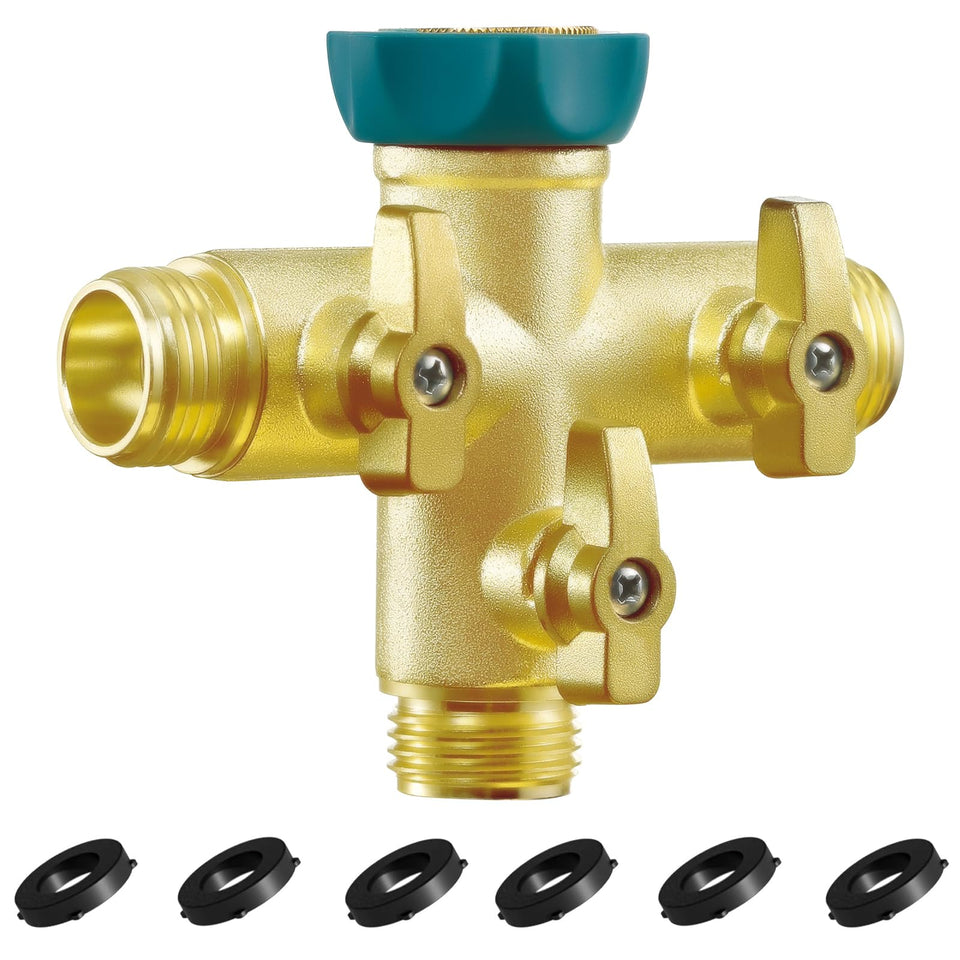 IPOW 3-way high-flow brass splitter close-up for durable outdoor use.