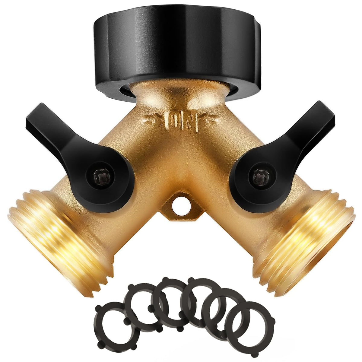 IPOW brass 2-way hose splitter front view showing a durable, leak-free design