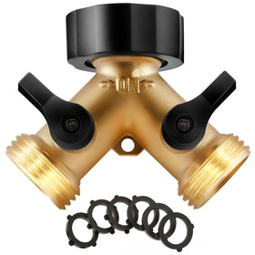 IPOW brass 2-way hose splitter front view showing a durable, leak-free design
