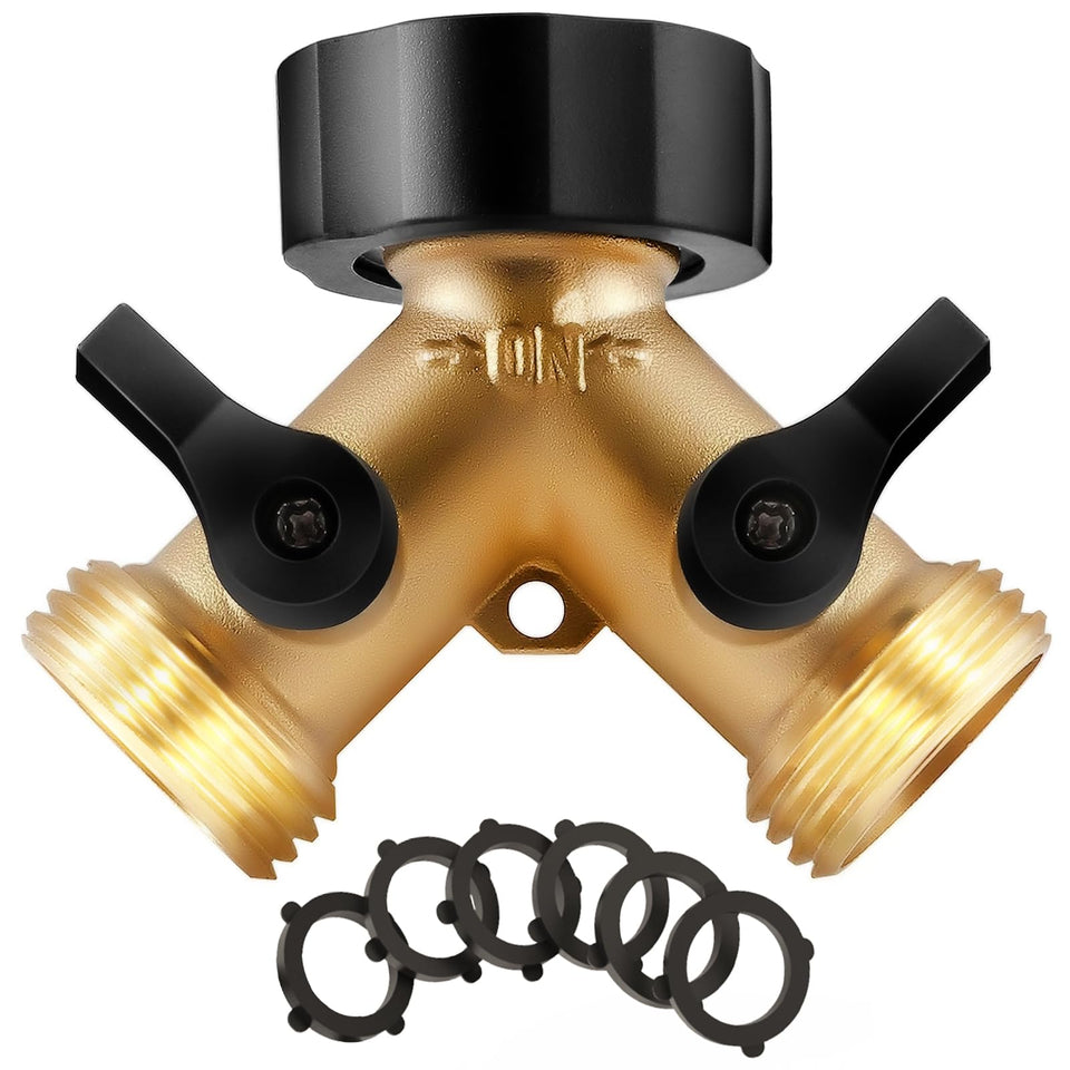 IPOW brass 2-way hose splitter front view showing a durable, leak-free design